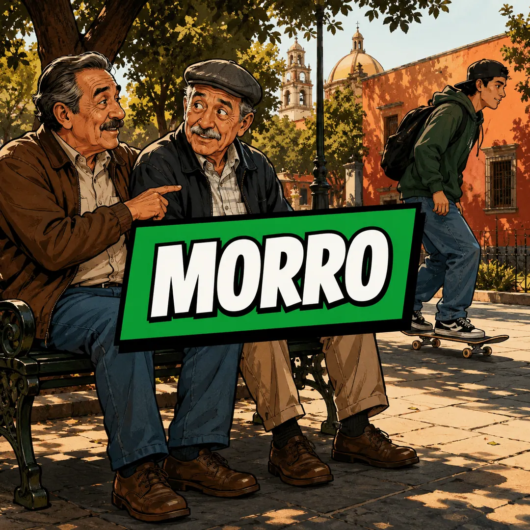 morro - two older men on a bench pointing out a teenager on a skateboard