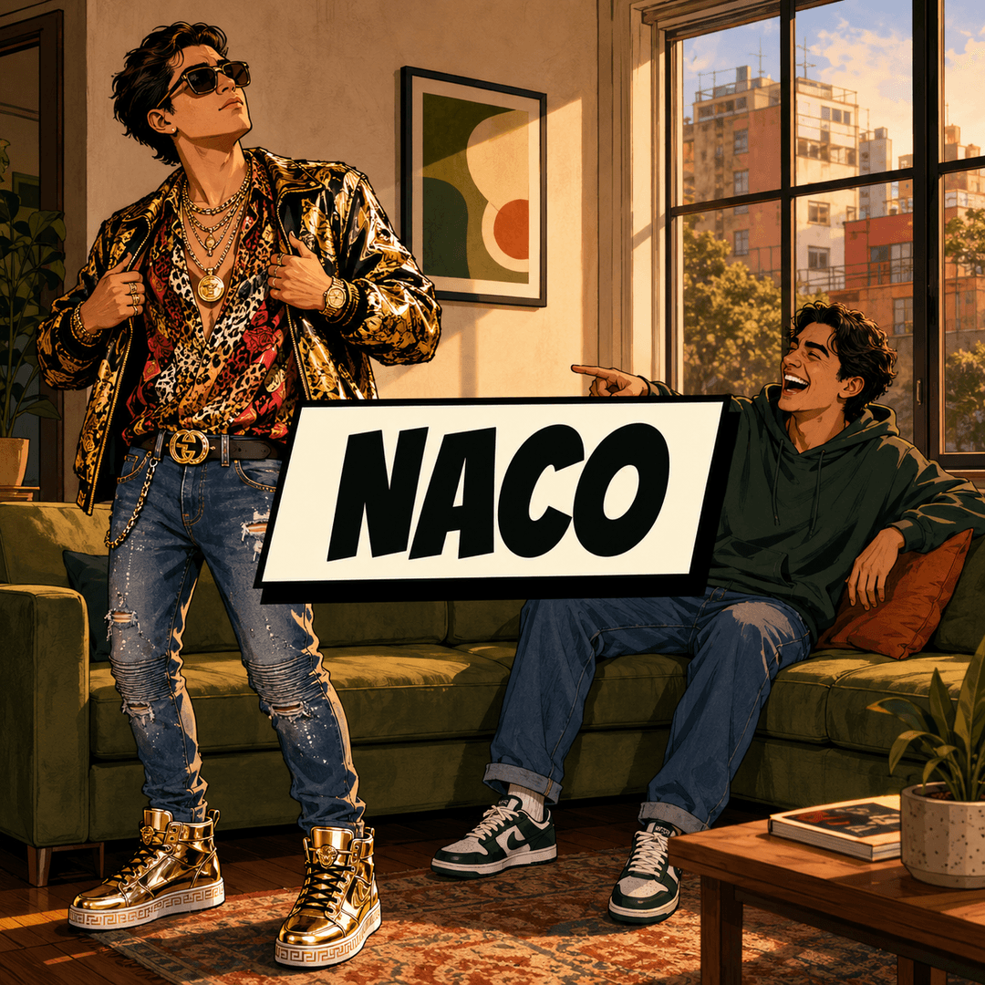 naco - a man in loud gold clothes posing in a doorway while a friend on the sofa points and laughs