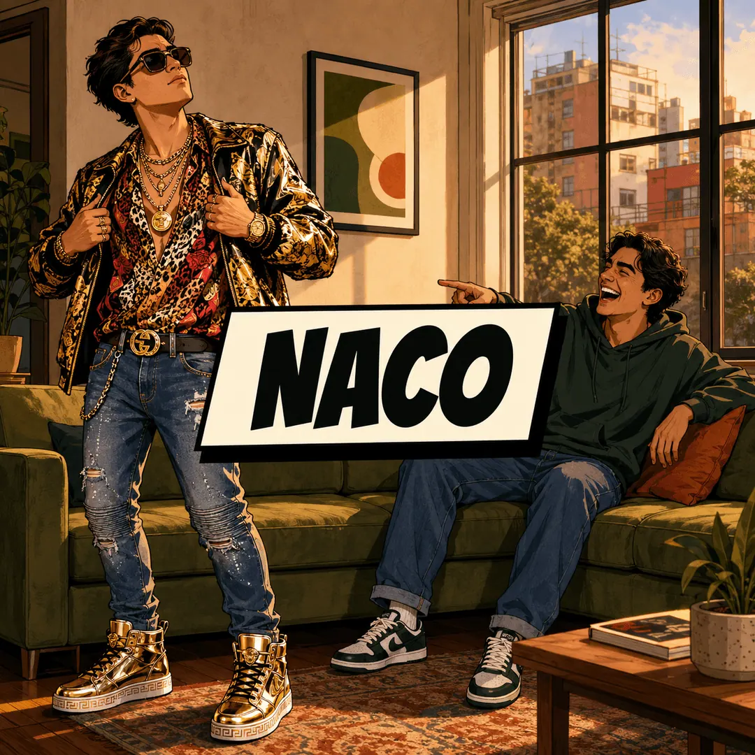 naco - a man in loud gold clothes posing in a doorway while a friend on the sofa points and laughs