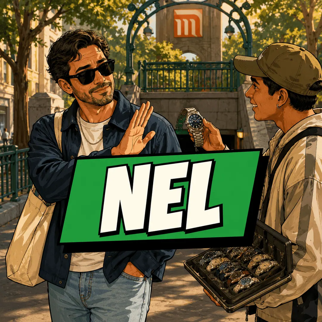 nel - a man in sunglasses flatly refusing a watch a street seller is holding up