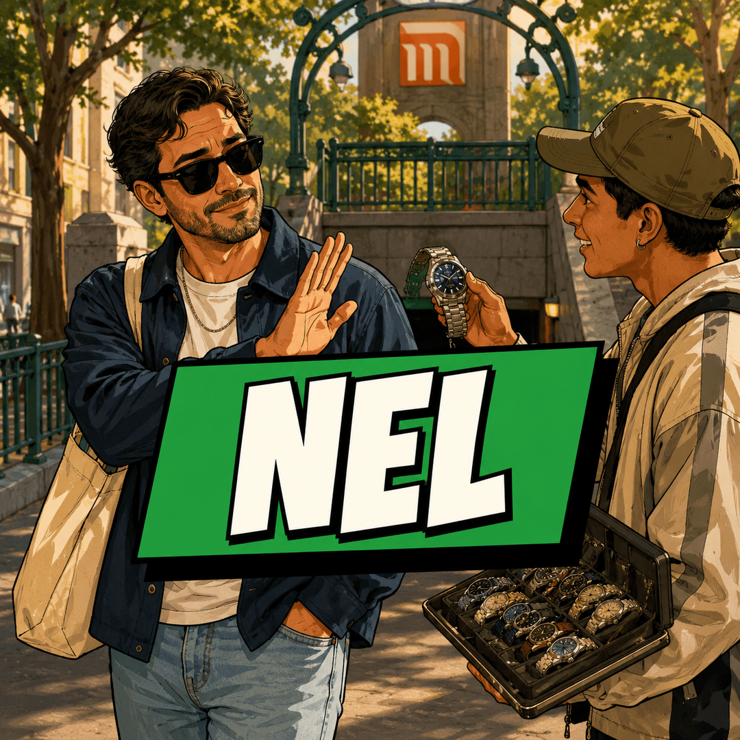 nel - a man in sunglasses flatly refusing a watch a street seller is holding up