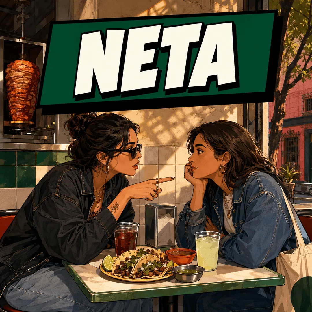 neta - two women at a taco table, one leaning in and pointing to make the point