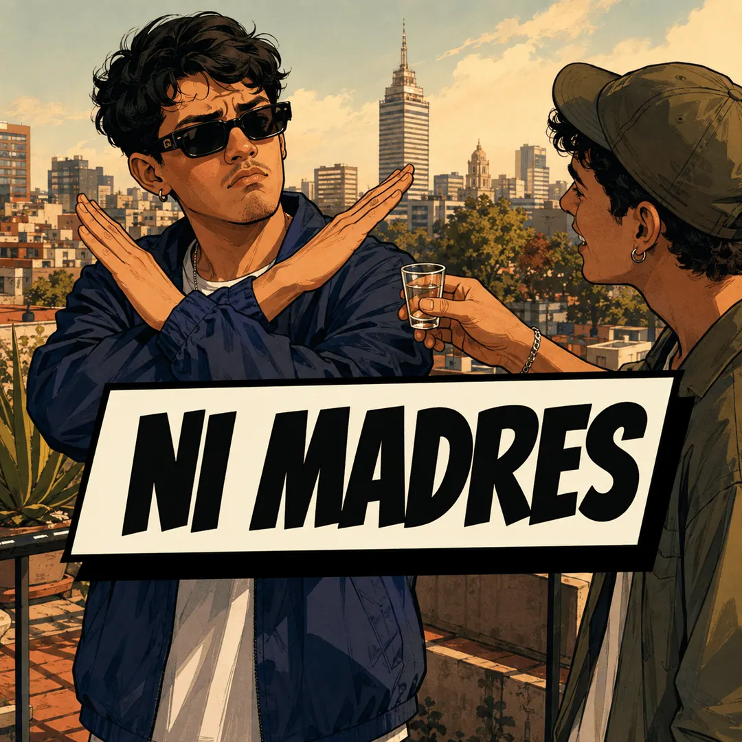 ni madres - a young man crossing his arms in a hard no to a friend offering him a shot