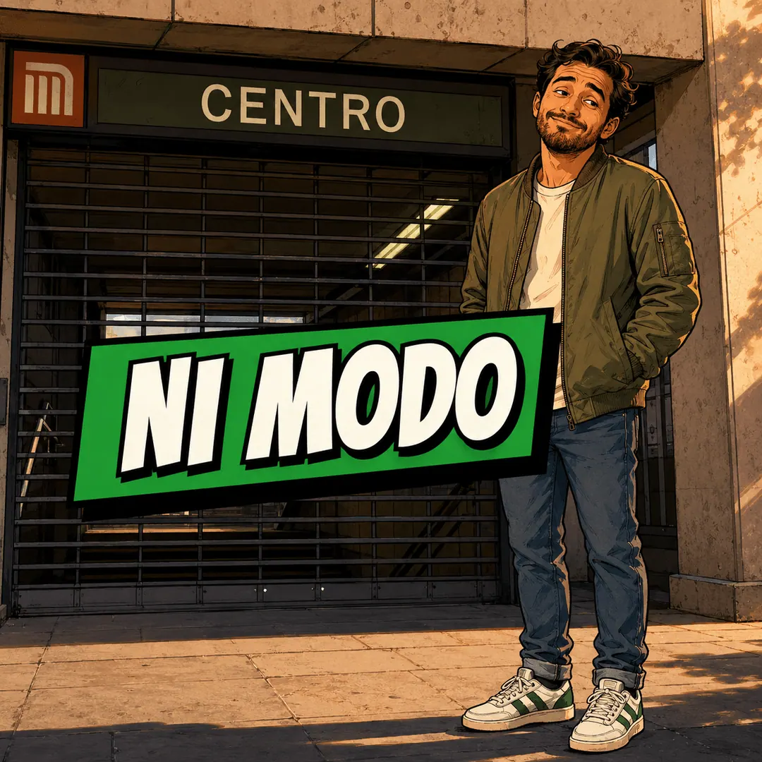 ni modo - a man shrugging outside a shuttered metro entrance