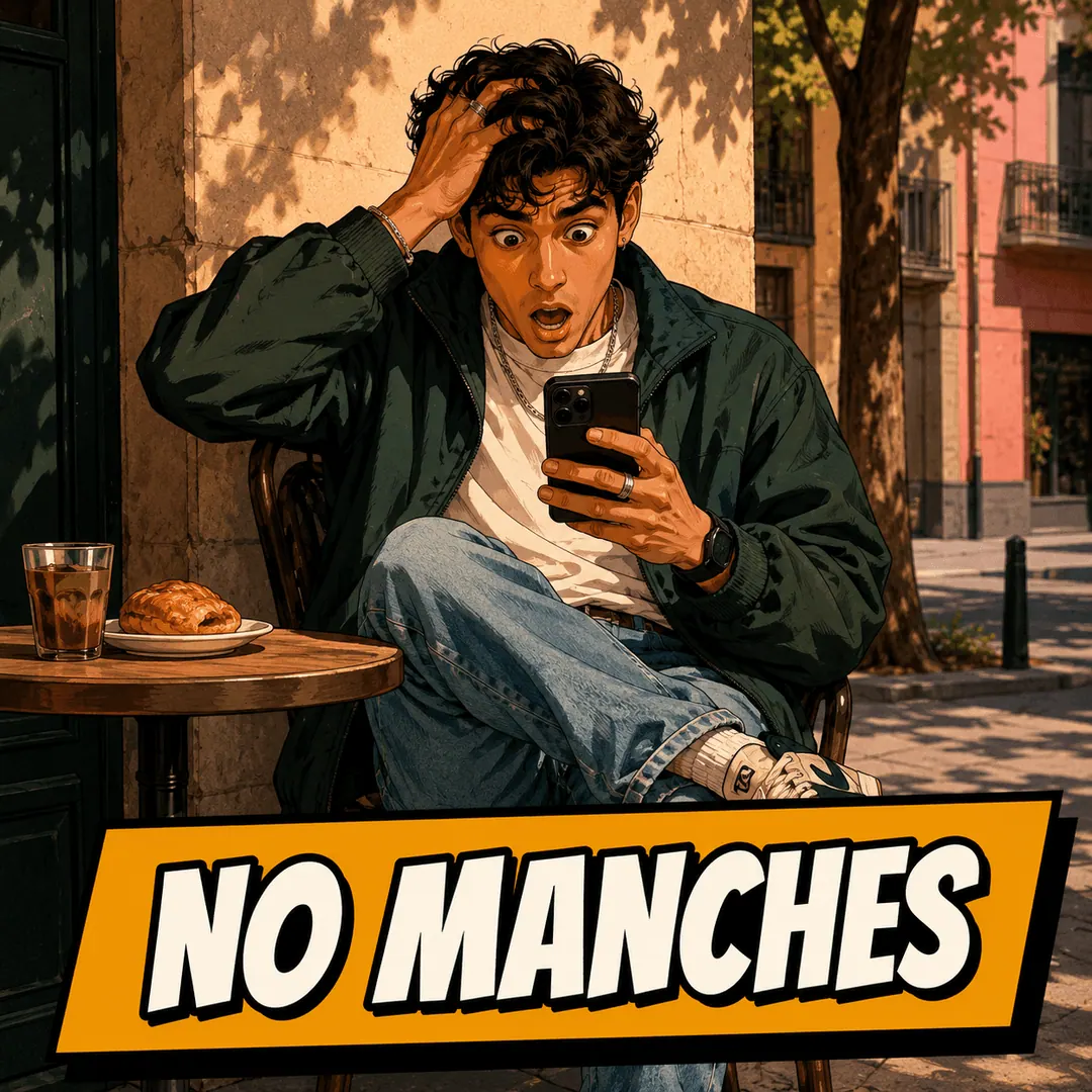 ¡no manches! - a young man at a cafe table grabbing his head at something on his phone