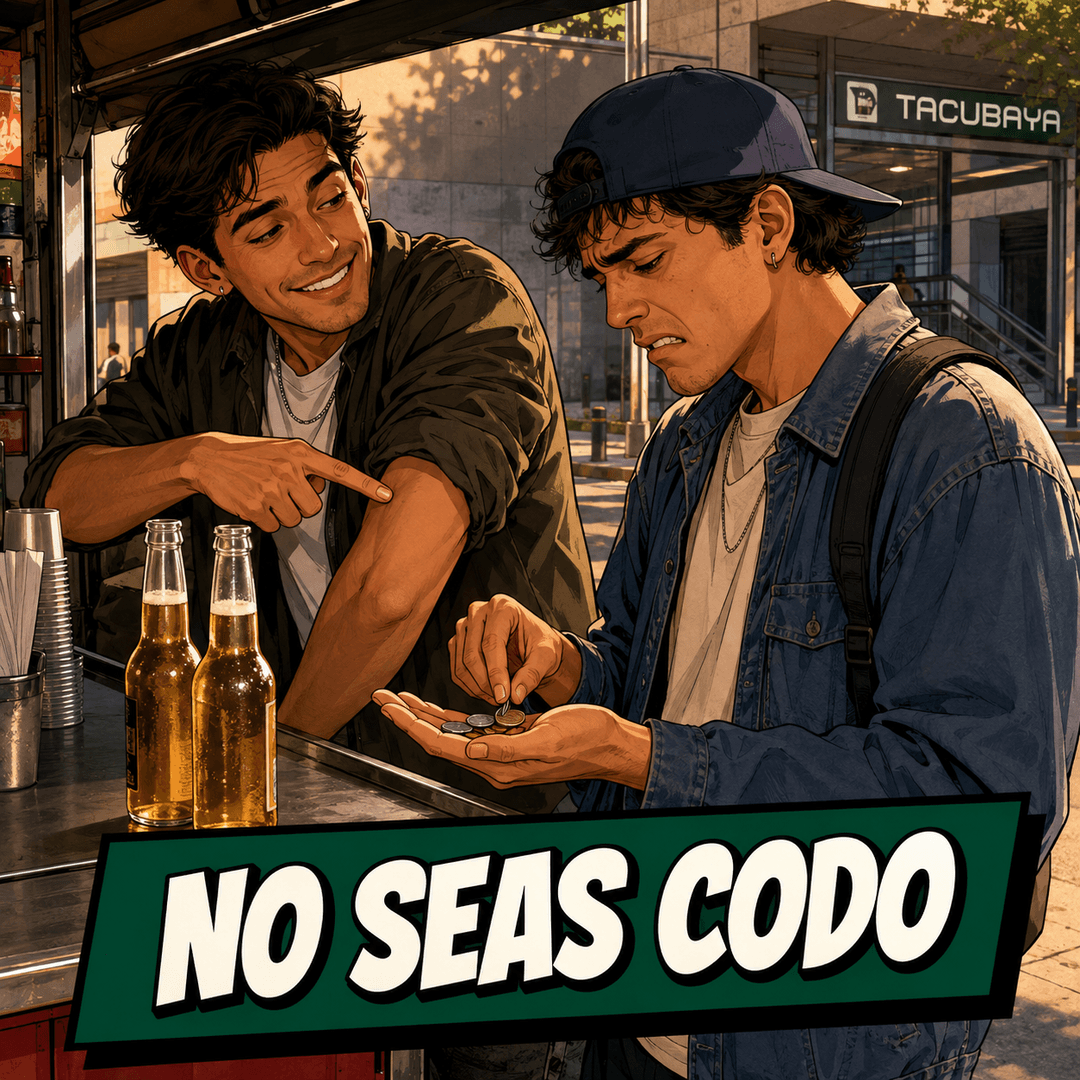 no seas codo - a young man pointing at the coins in his friend's palm at a taco counter