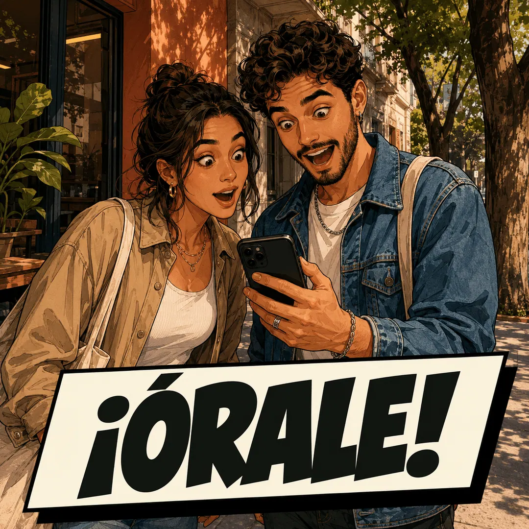 ¡órale! - a couple leaning over a phone, both wide-eyed at what is on it