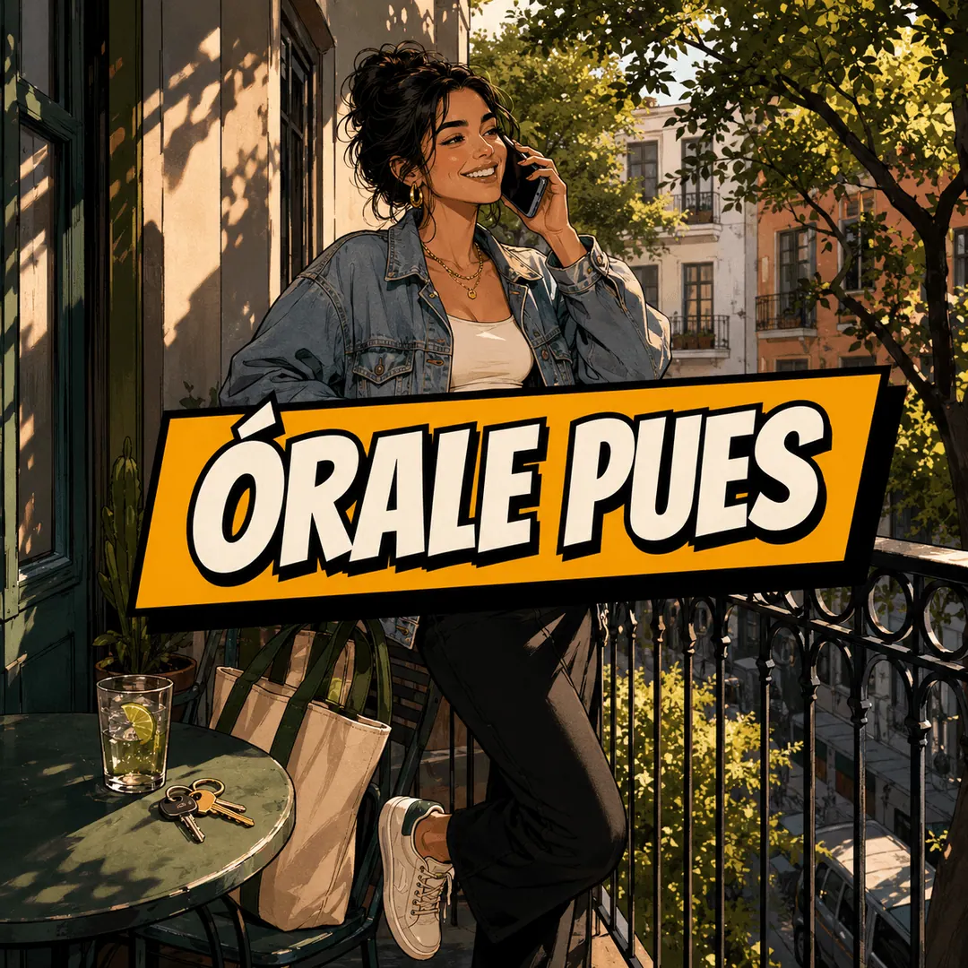 órale pues - a woman on the phone at a sidewalk table, agreeing to something with a grin