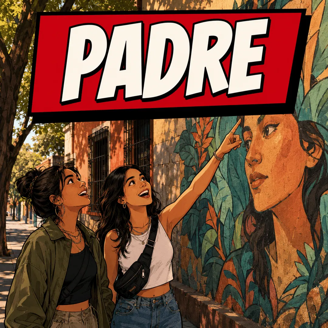 padre - two women in front of a big street mural, one pointing up at it