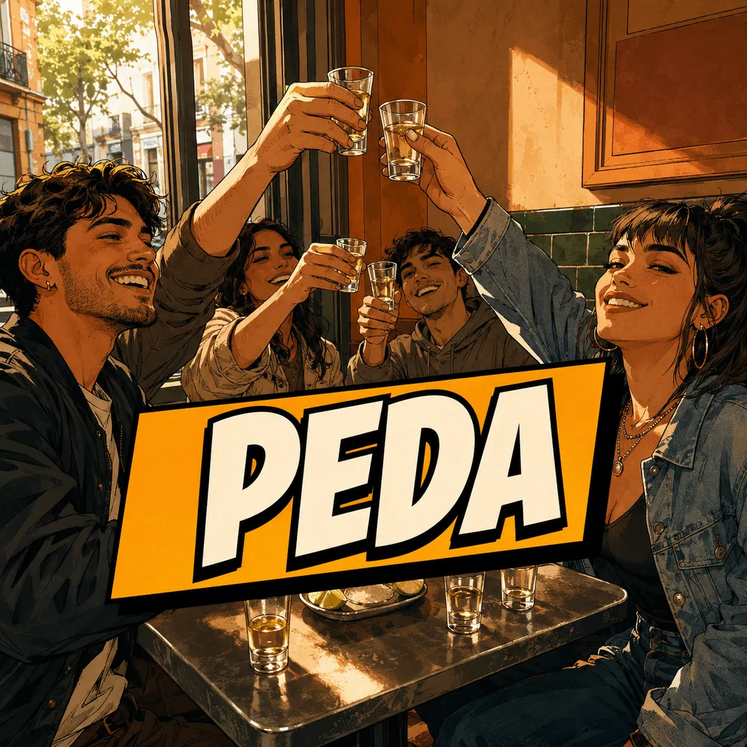 peda - four friends clinking shot glasses at an outdoor table