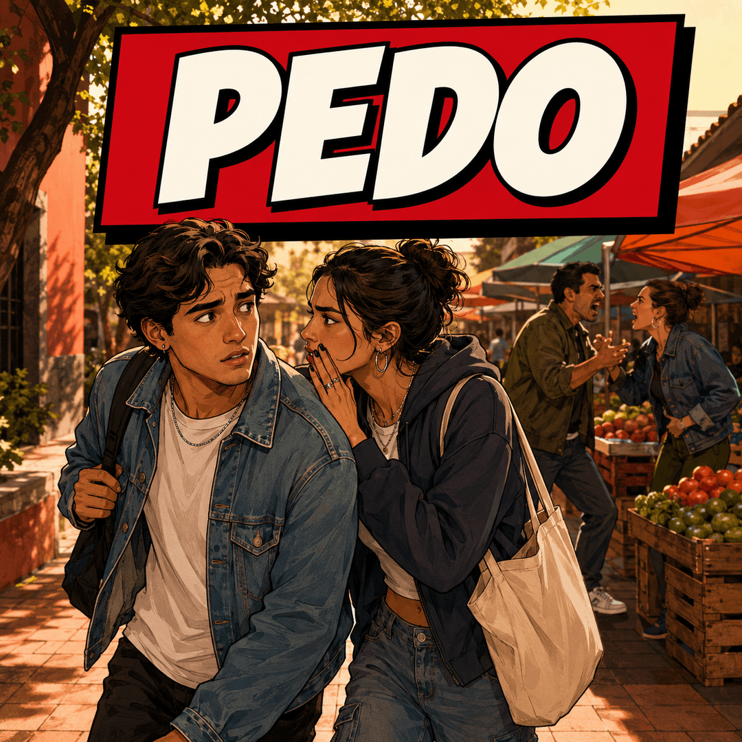 pedo - a young man walking off fast while a woman whispers to a friend behind him