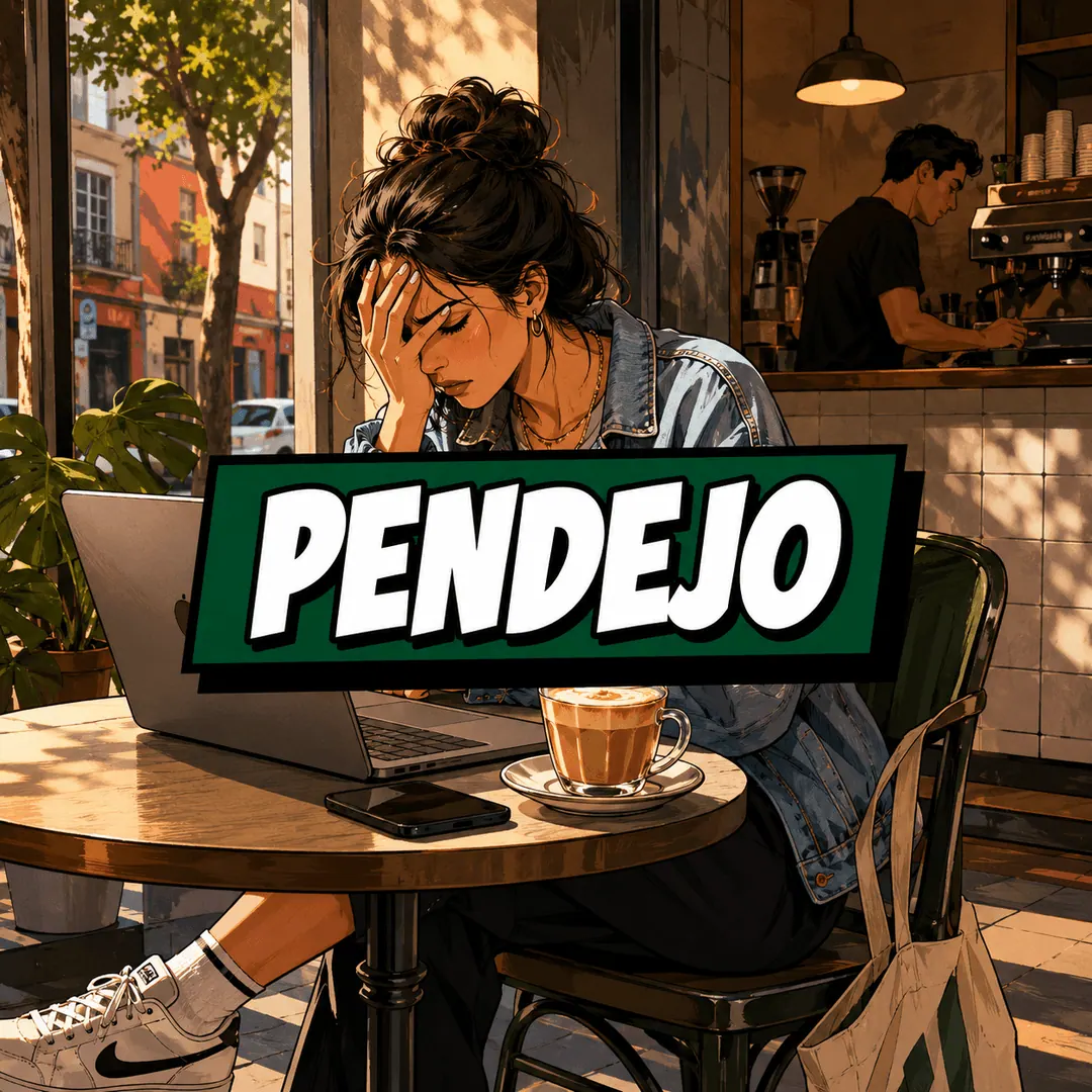 pendejo - a woman with her head in her hand at a cafe laptop, having realized what she did