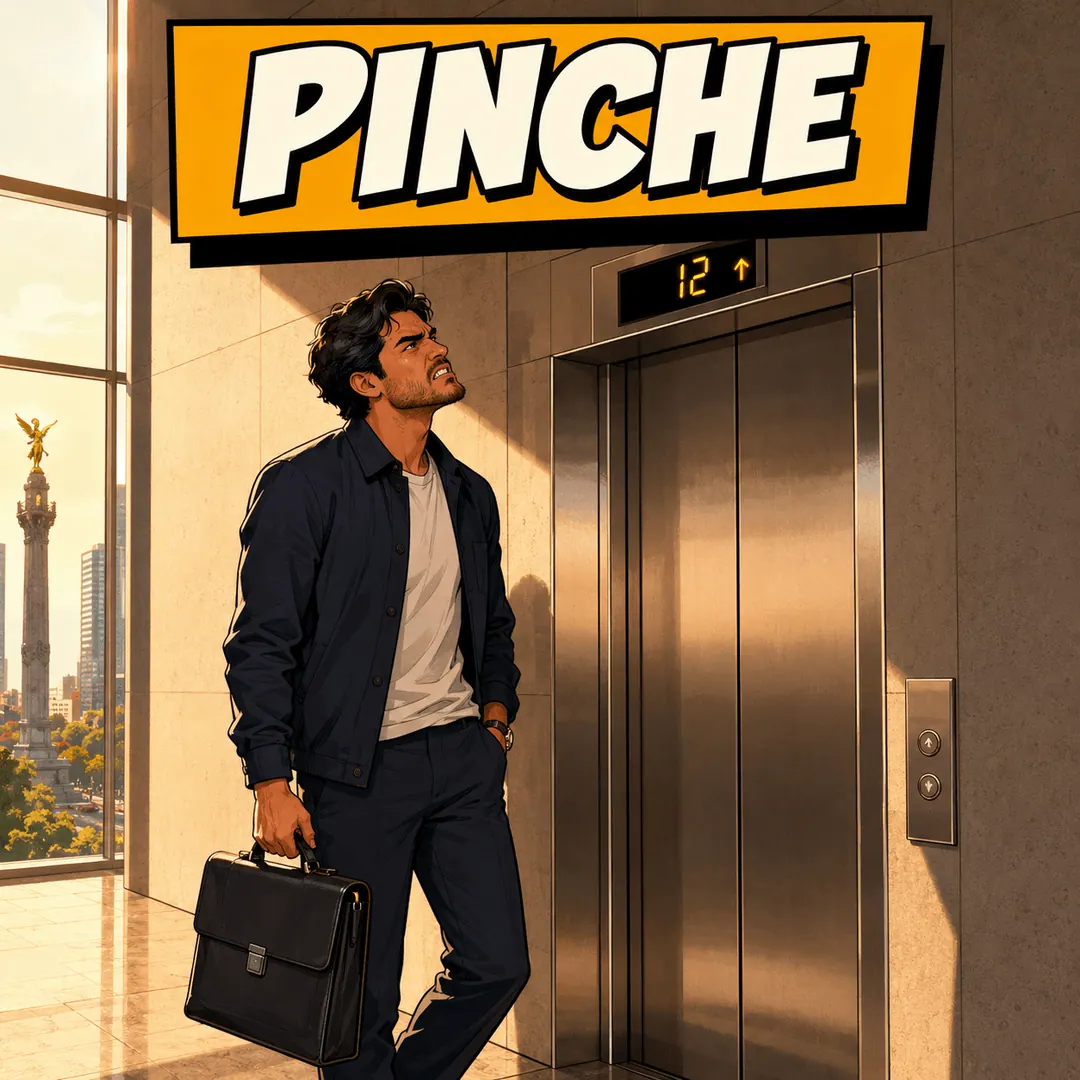 pinche - a man with a briefcase glaring up at the floor counter of an elevator