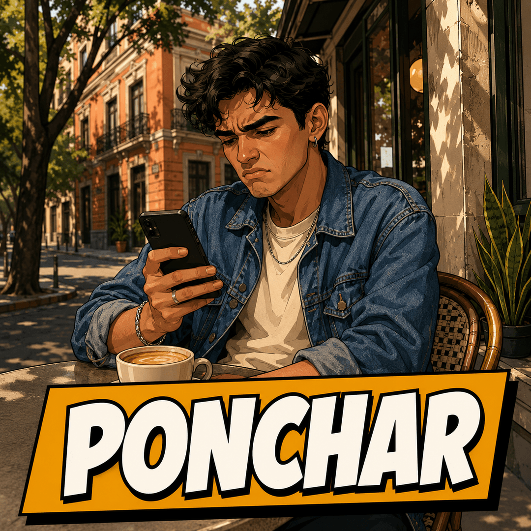 ponchar - a young man frowning at his phone at a sidewalk table