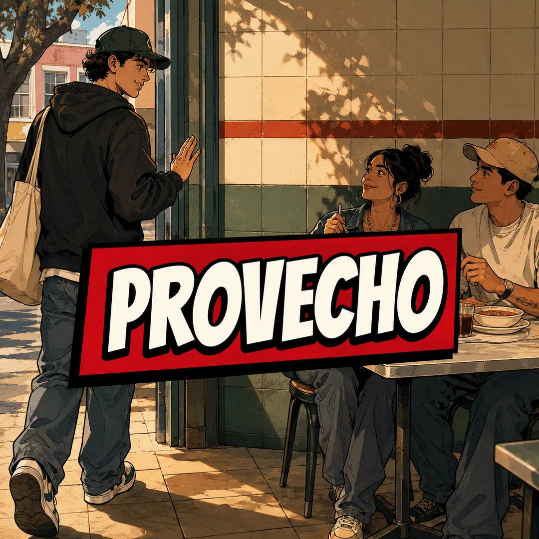 provecho - a young man raising a hand to a table of diners as he passes on his way out