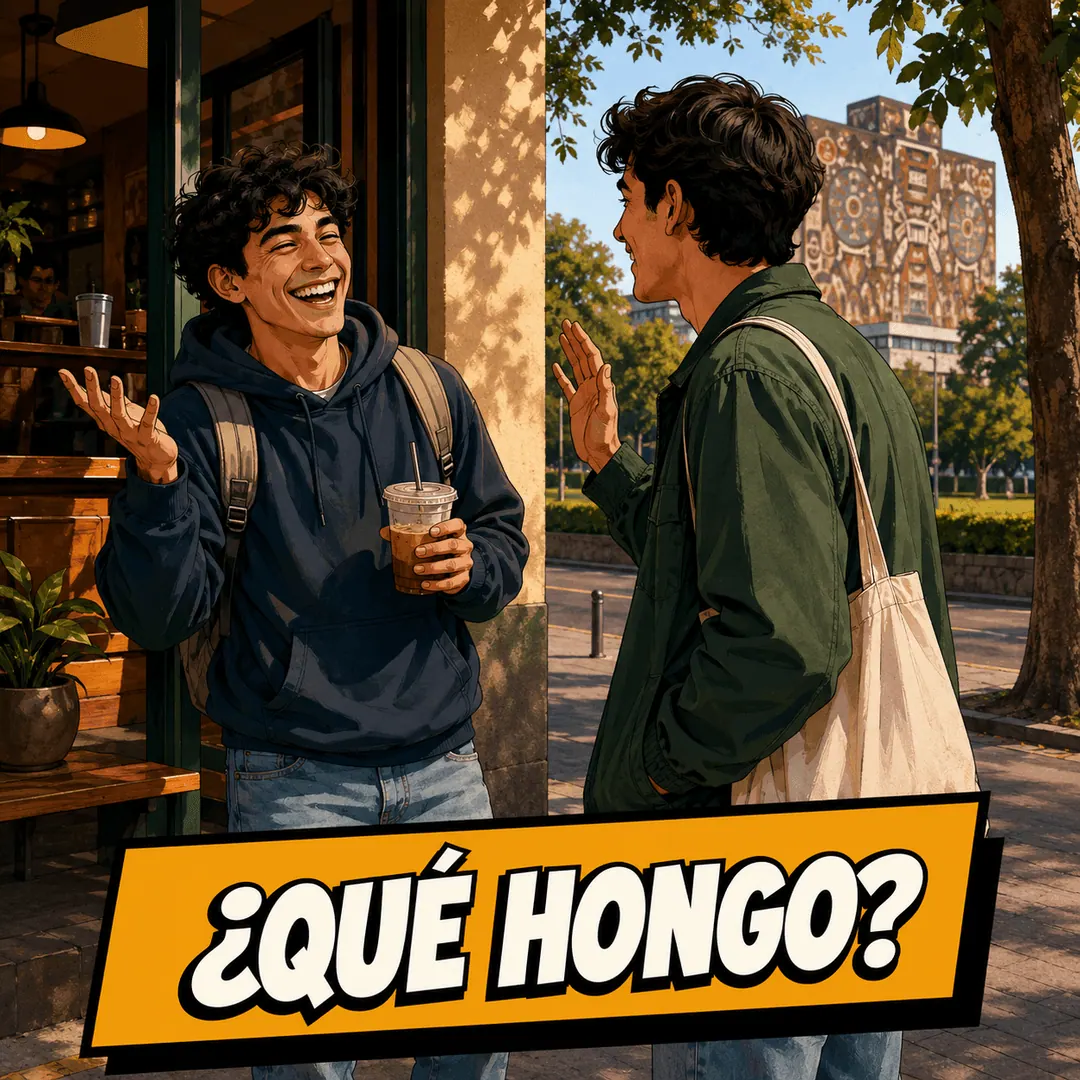 ¿qué hongo? - two friends greeting each other outside a cafe near the university