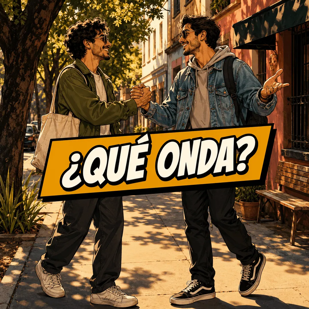 ¿qué onda? - two friends clasping hands in greeting on a tree-lined street