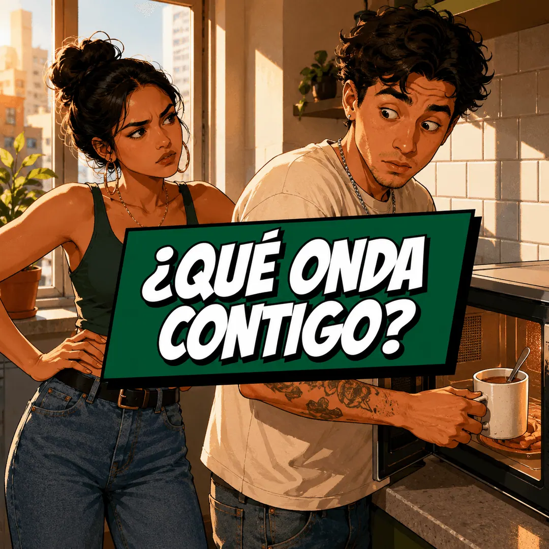 ¿qué onda contigo? - a woman with folded arms confronting a young man in a kitchen doorway