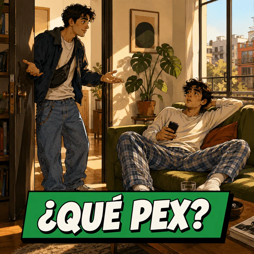 ¿qué pex? - a young man walking into a friend's living room with his hands out in greeting