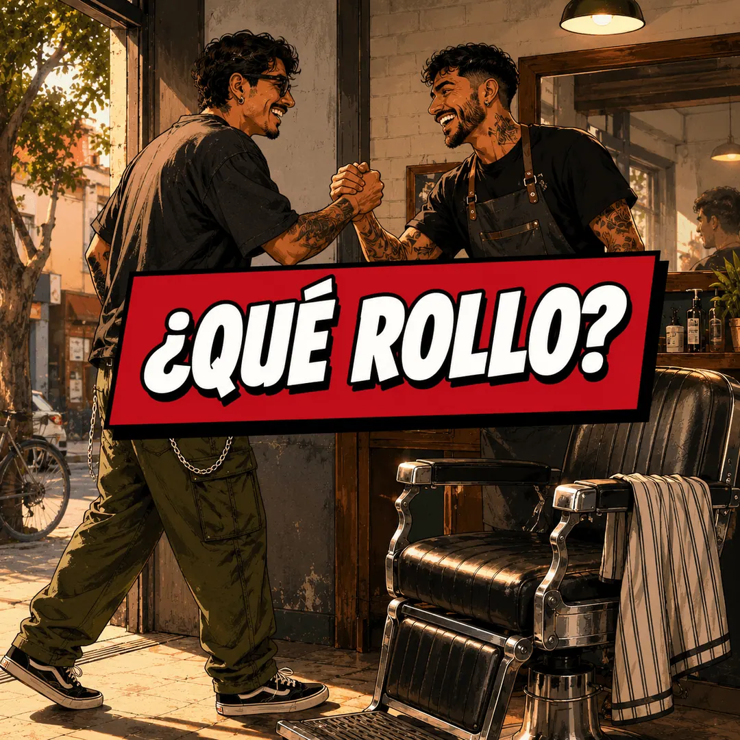 ¿qué rollo? - two friends gripping hands in the doorway of a barber shop