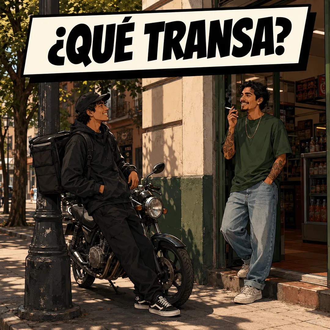 ¿qué transa? - a delivery rider on his bike greeting a man outside a shop