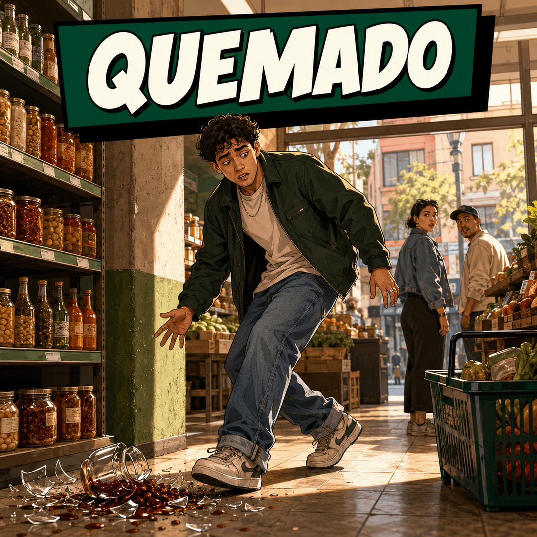 quemado - a young man backing away from a jar he has just smashed on a shop floor