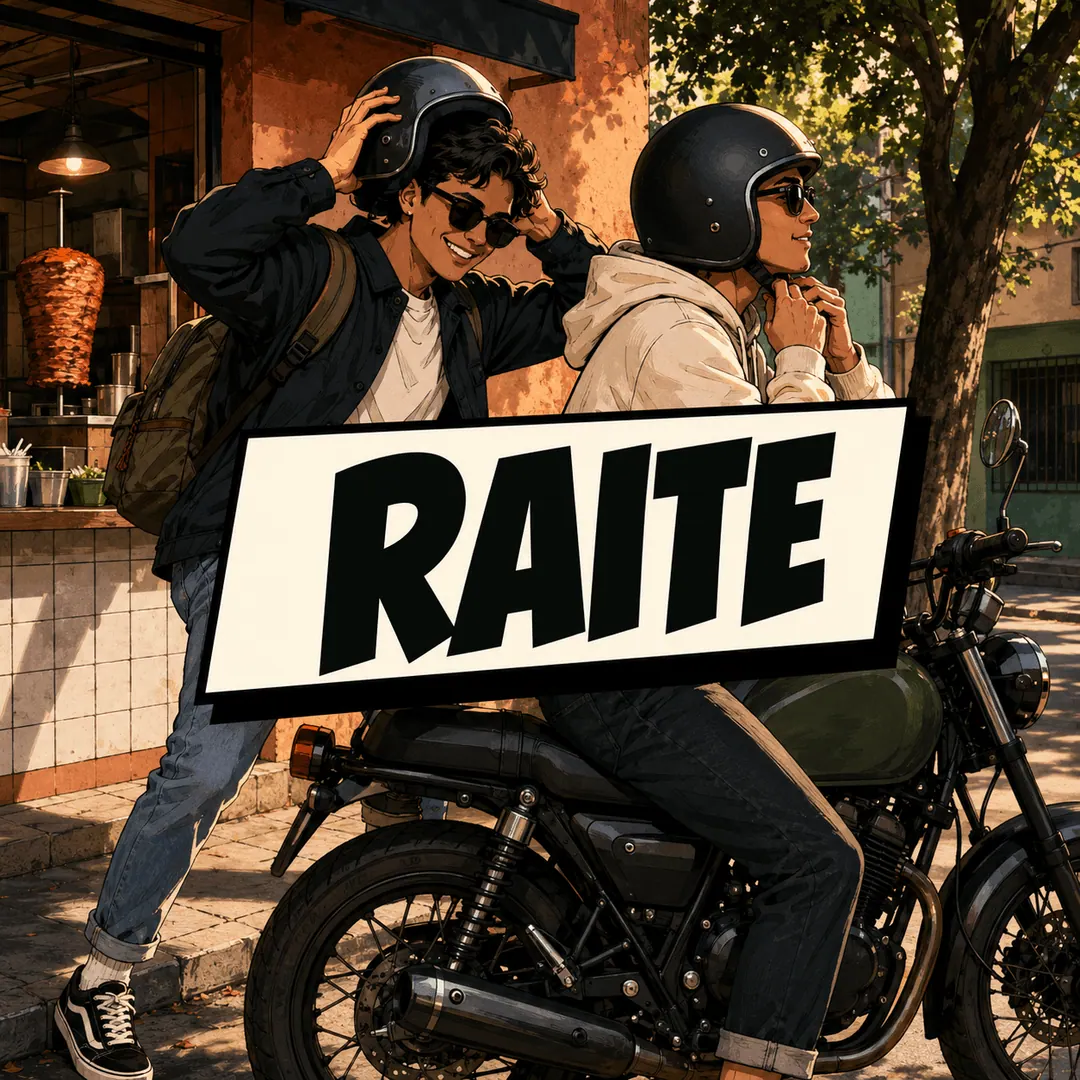 raite - two friends pulling on helmets beside a motorbike outside a taco stand