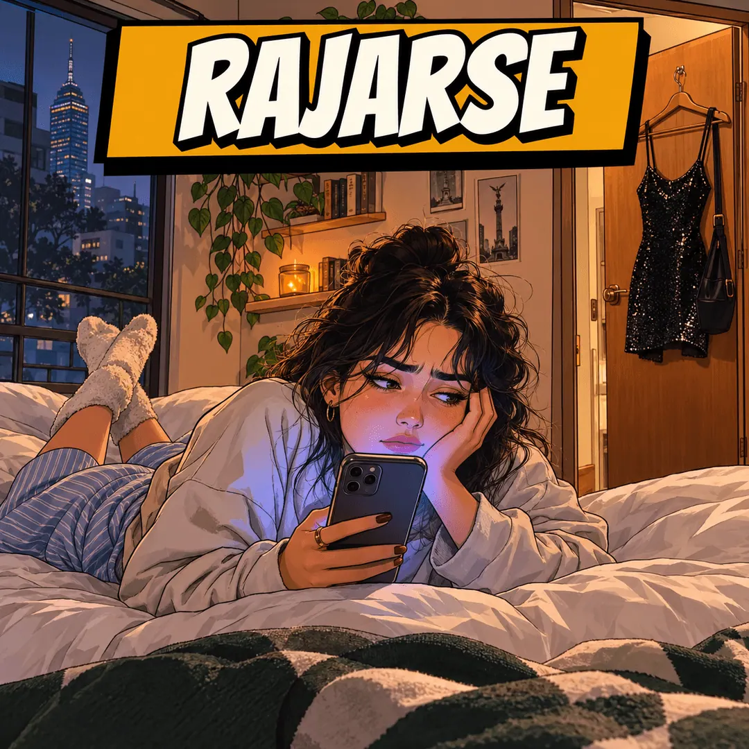 rajarse - a woman lying on her bed with her phone, backing out of a night she was dressed for