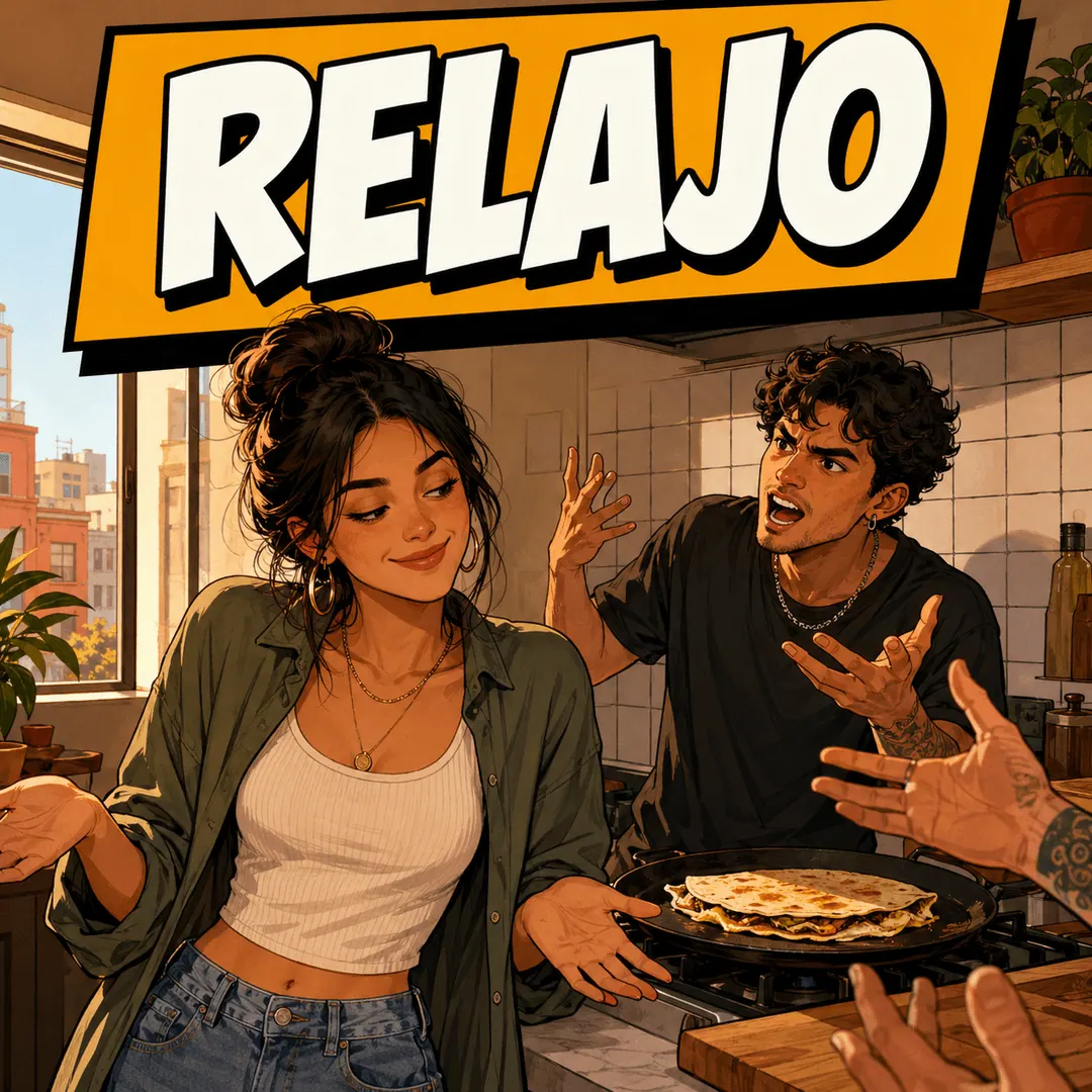 relajo - a woman laughing off a kitchen argument while a man gestures over a burnt quesadilla