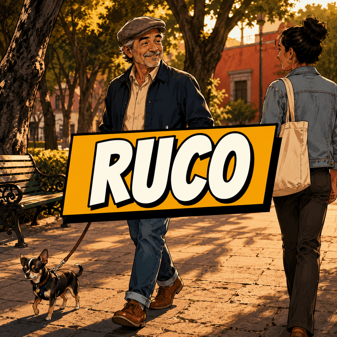 ruco - an older man walking his small dog through a park