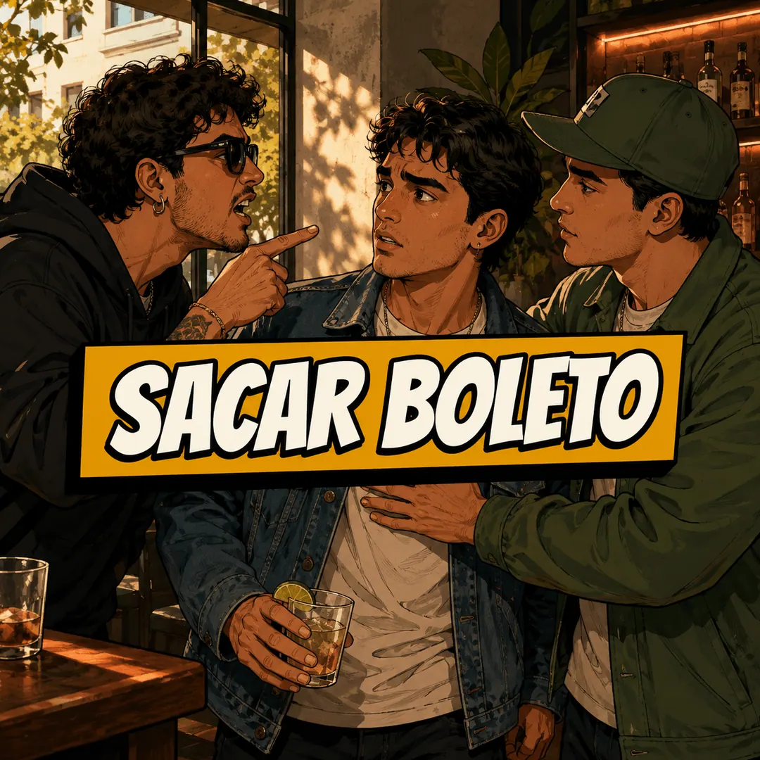 sacar boleto - two friends holding back a third who is squaring up to someone at a bar