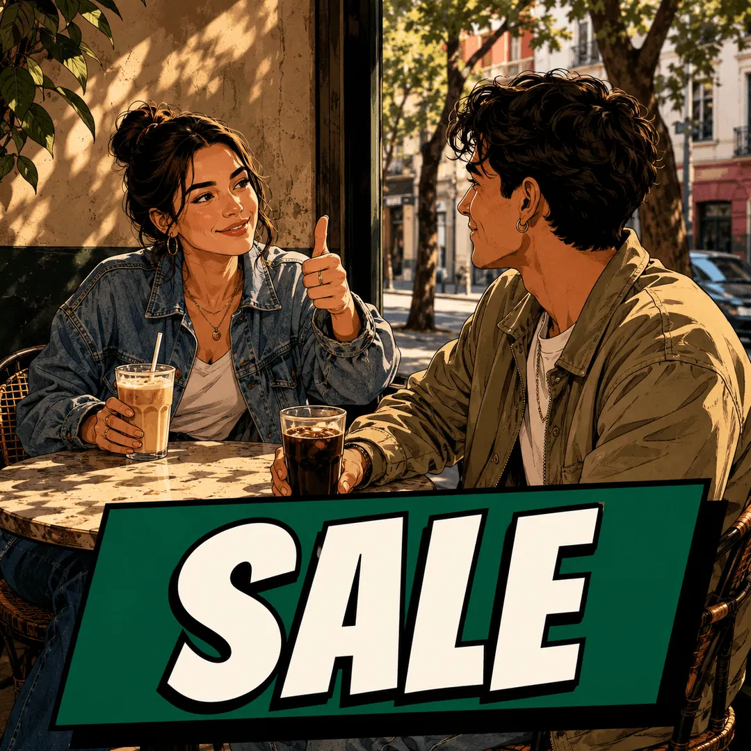 sale - two friends at a cafe table agreeing on something with a thumbs up