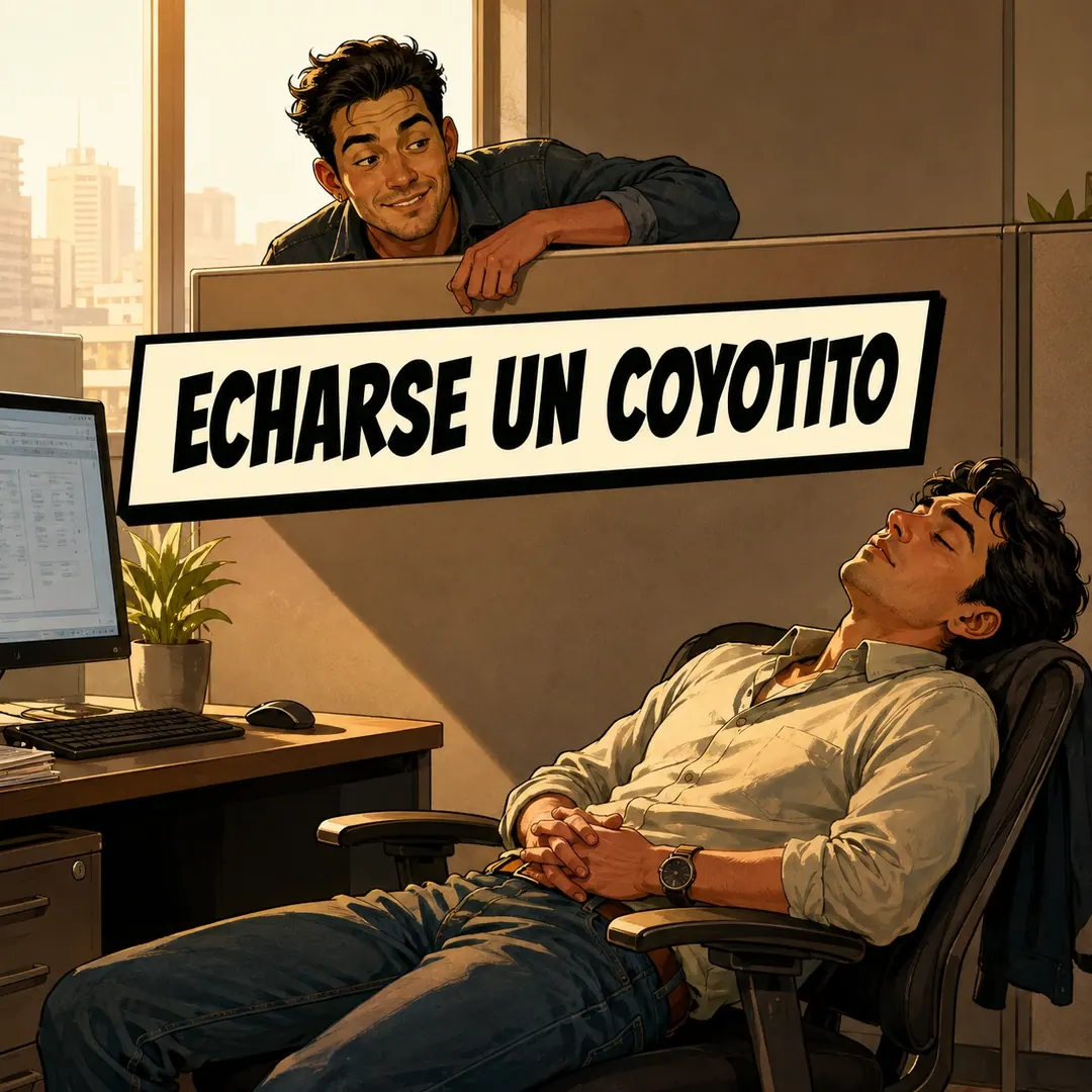 echarse un coyotito - a man asleep in his office chair at his desk, mid-afternoon