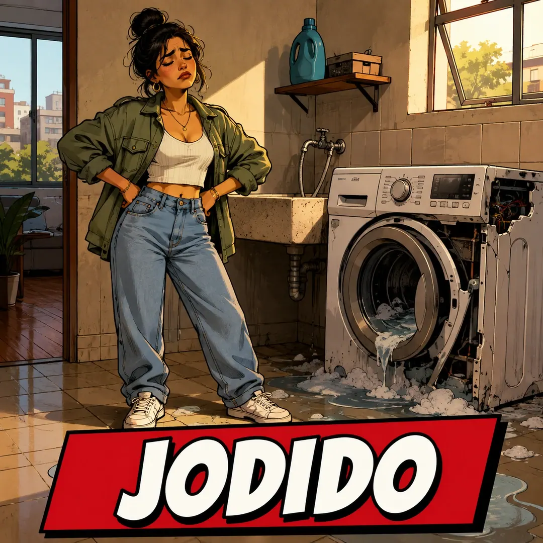 jodido - a woman standing in front of an overflowing washing machine in a flooded CDMX kitchen