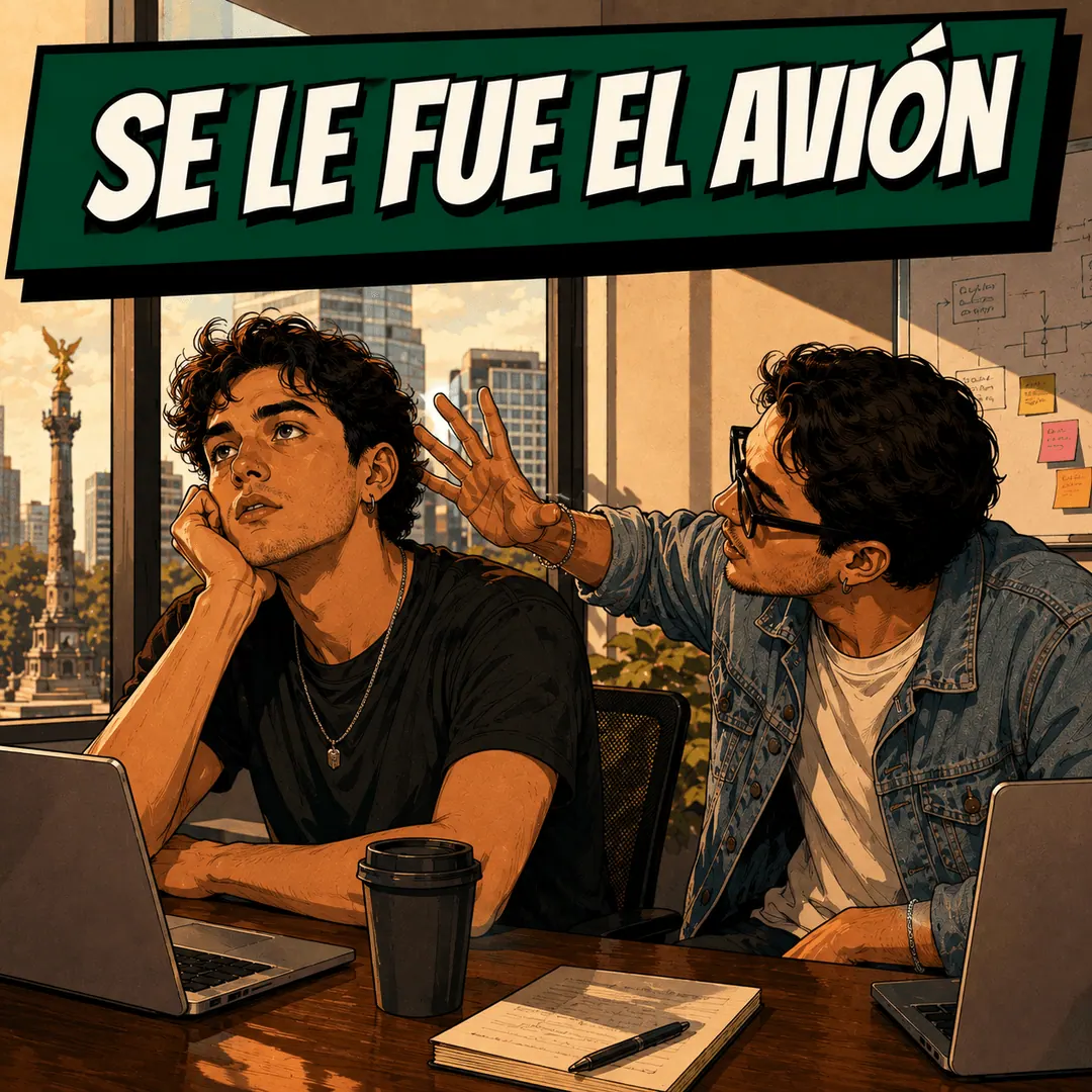 se le fue el avión - a colleague waving a hand in front of a man staring blankly past his laptop
