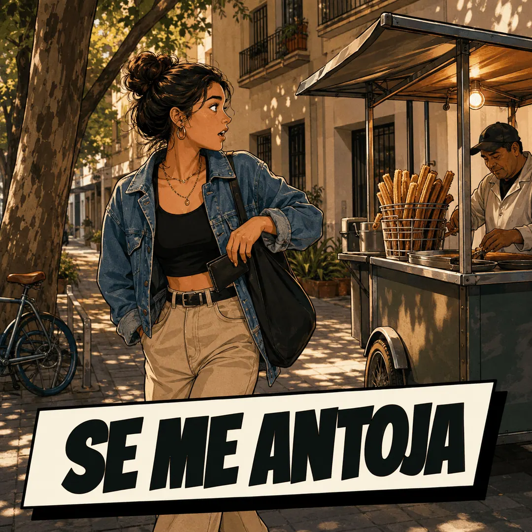 se me antoja - a woman turning her head toward a churro cart as she walks past