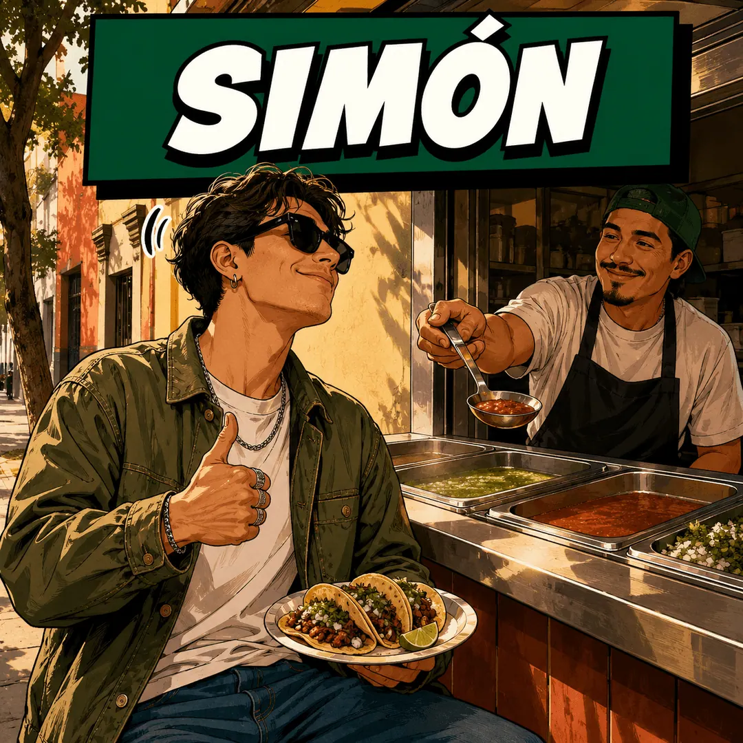 simón - a young man in sunglasses giving a thumbs up with a plate of tacos at a stand