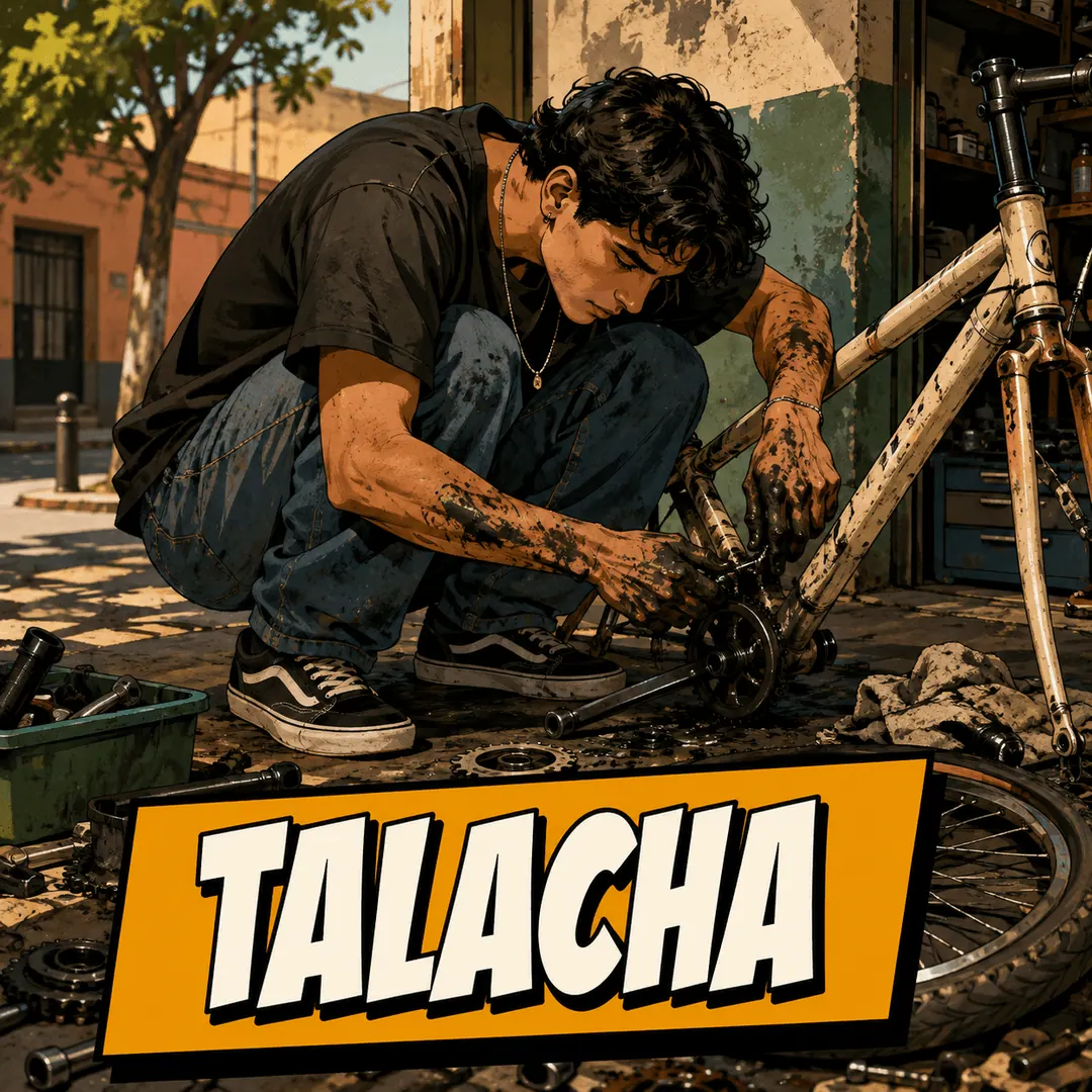 talacha - a young man crouched over a stripped-down bicycle with grease up his arms