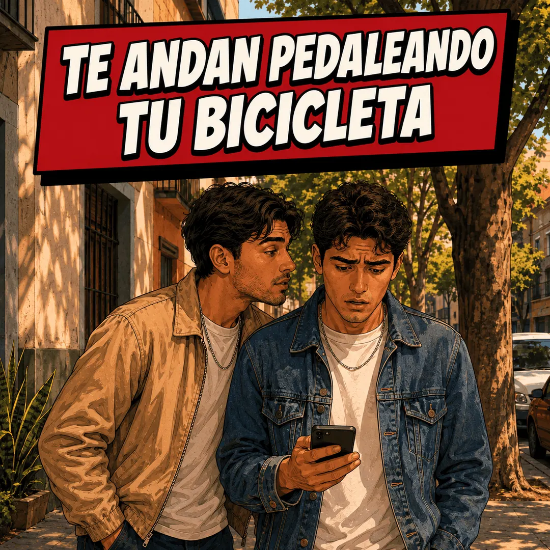 te andan pedaleando la bicicleta - two friends looking at a phone together, one breaking bad news to the other