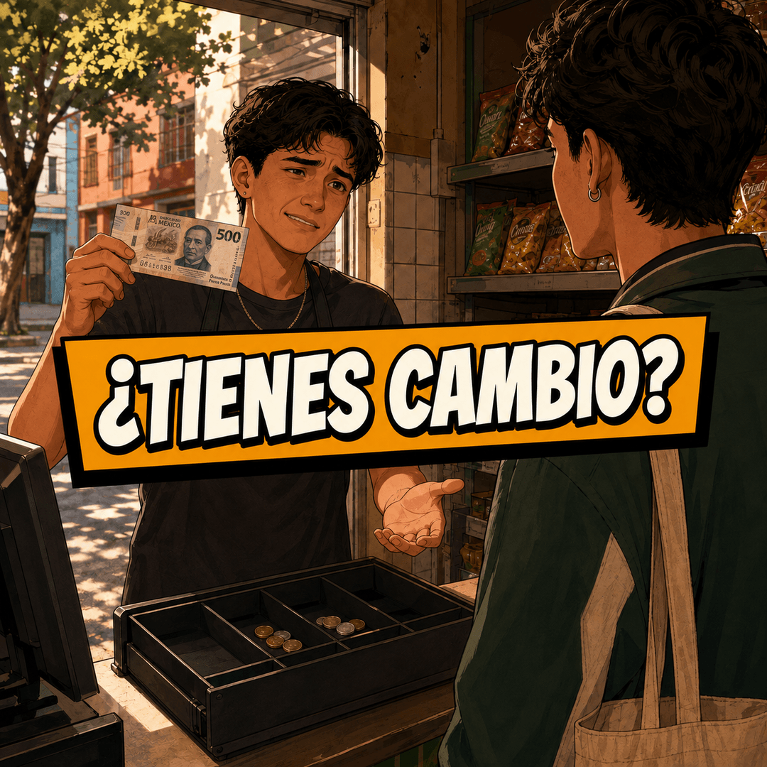 ¿tienes cambio? - a young man holding up a 500-peso note at a counter with an open palm