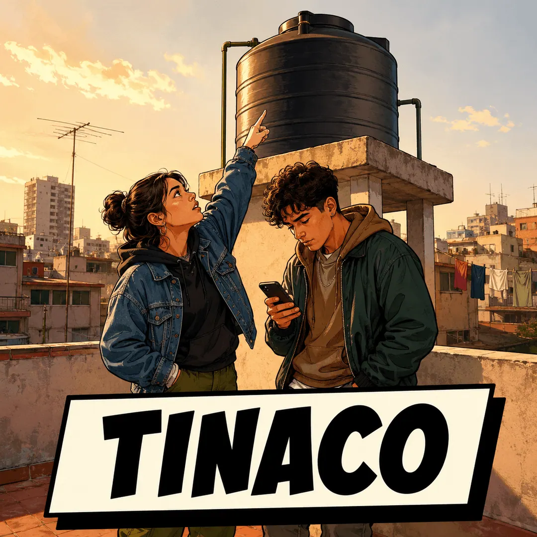 tinaco - a woman on a rooftop pointing up at the water tank while a man checks his phone