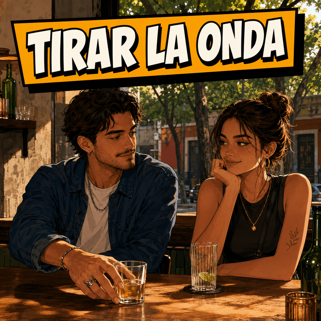 tirar la onda - a man leaning in over a bar table to a woman who is enjoying the attempt