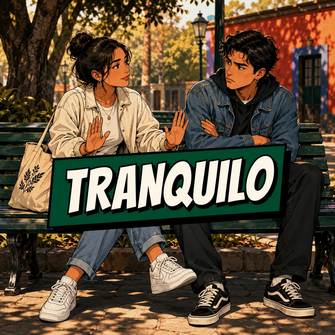 tranquilo - a woman on a park bench holding up both hands to a man standing over her