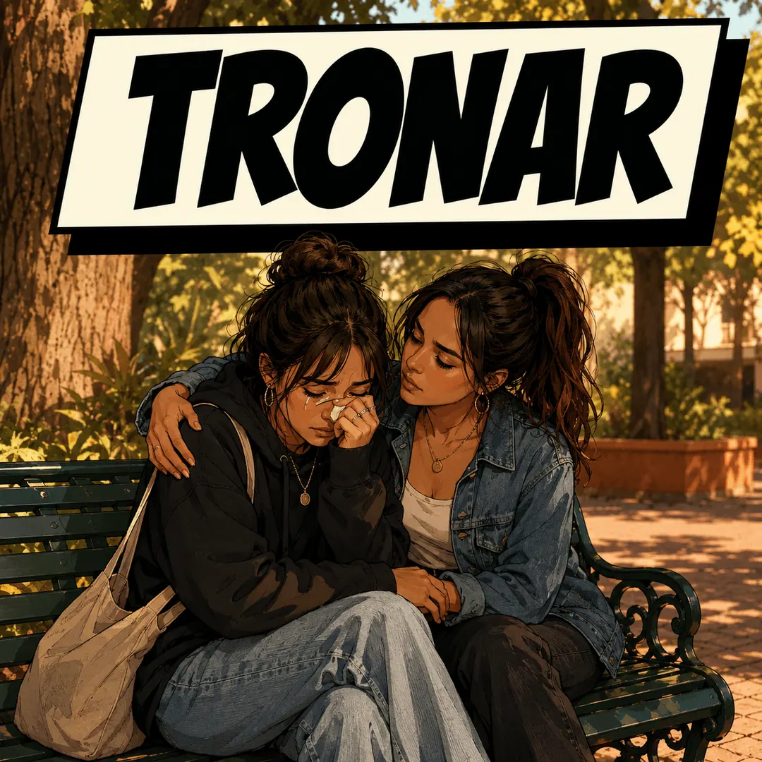 tronar - two women on a park bench, one crying while the other holds her