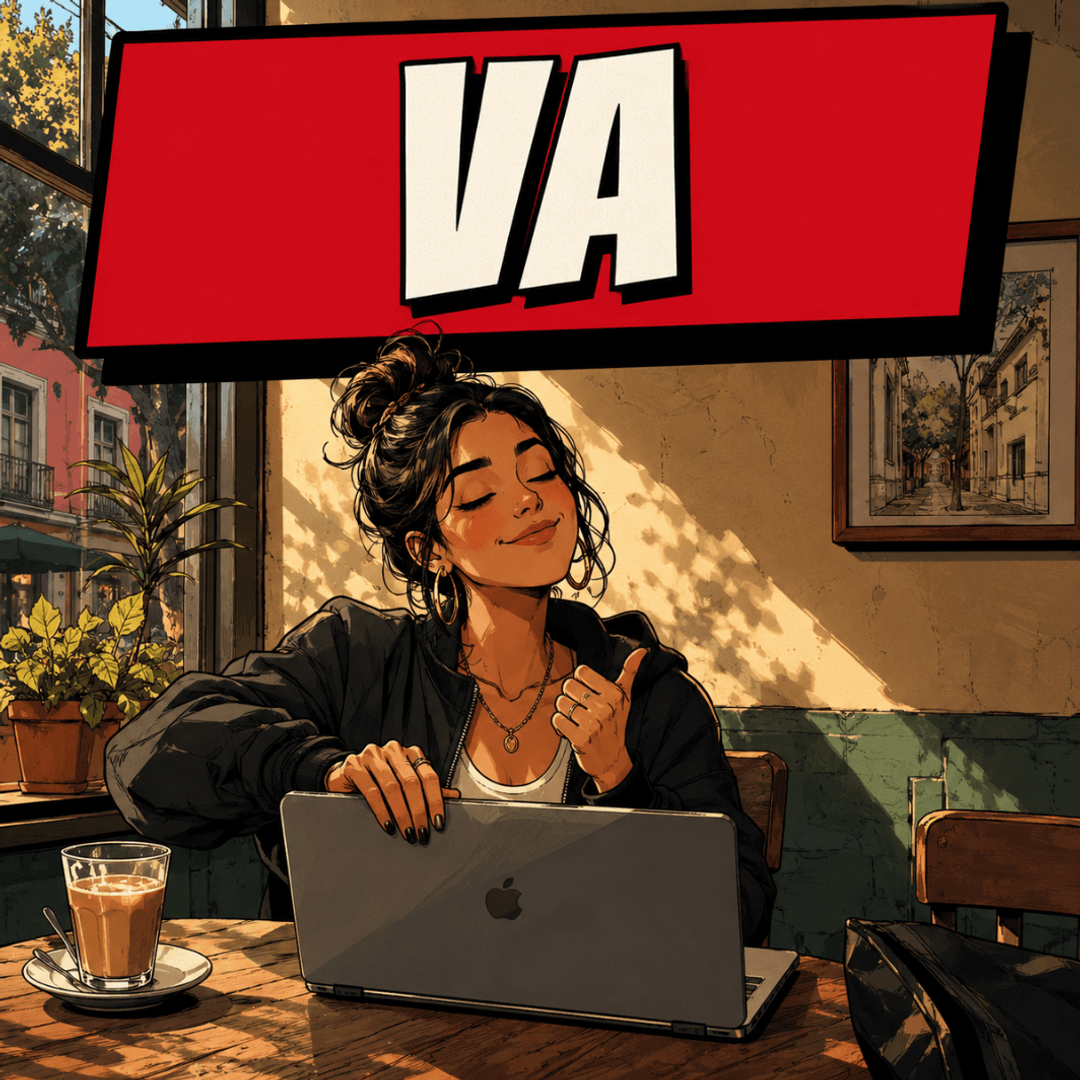 va - a woman at a cafe laptop closing a deal with a happy shrug