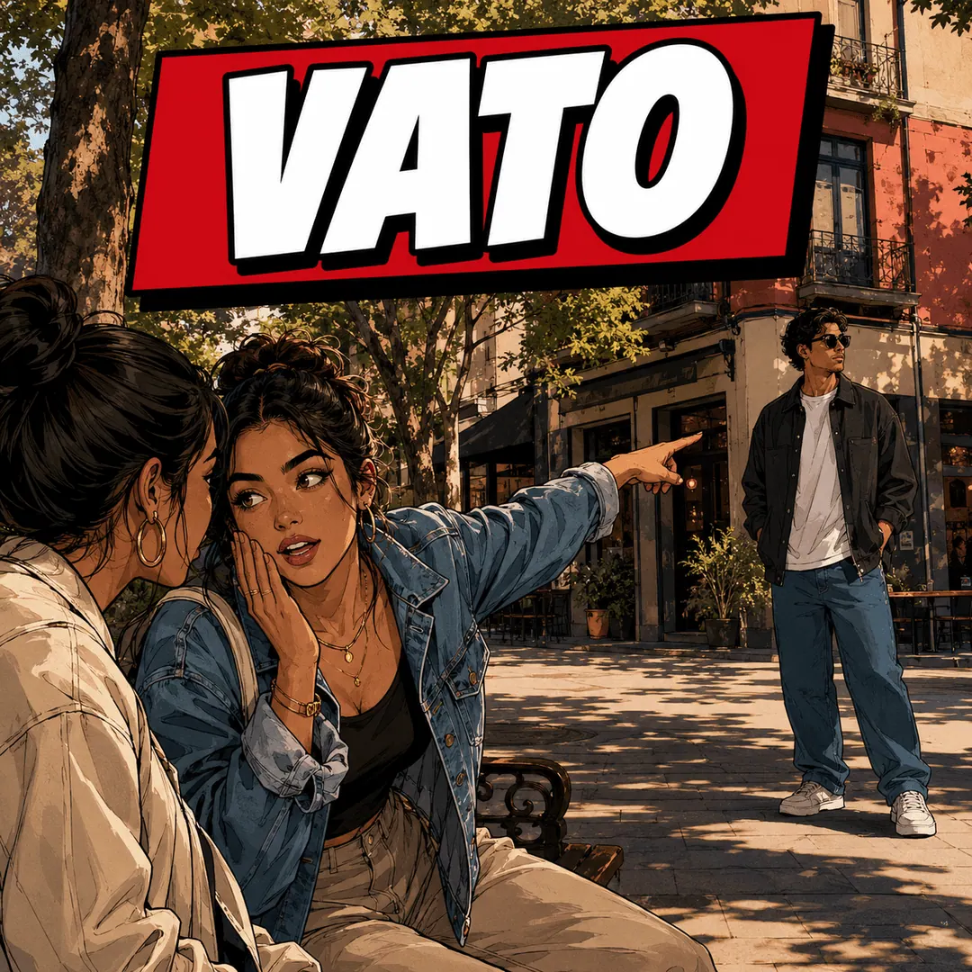 vato - two women on a bench, one nodding across the street at a man standing there