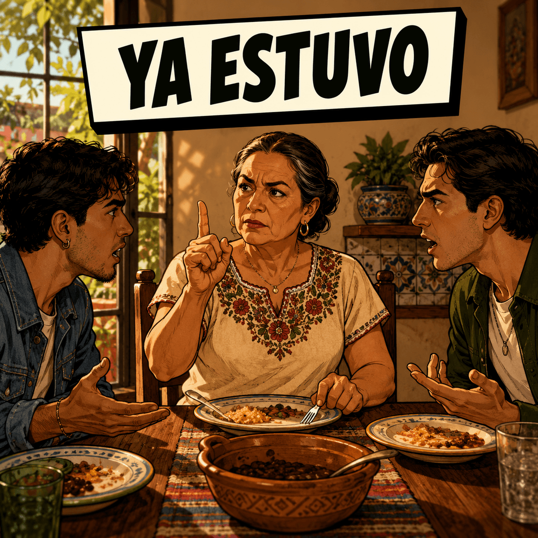 ya estuvo - a grandmother raising a finger between two young men arguing across the dinner table