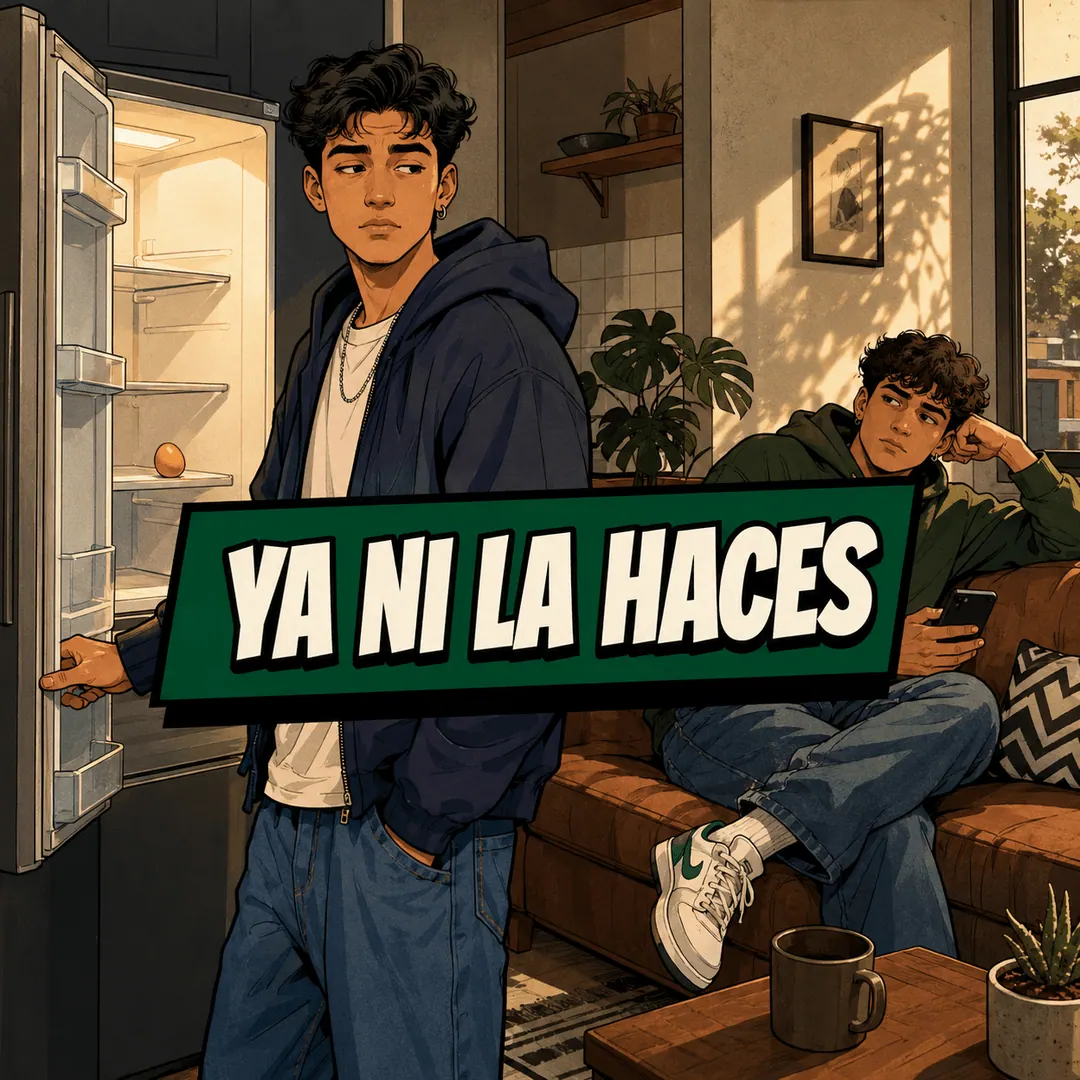 ya ni la haces - a young man standing at an empty fridge looking back at the friend on the sofa