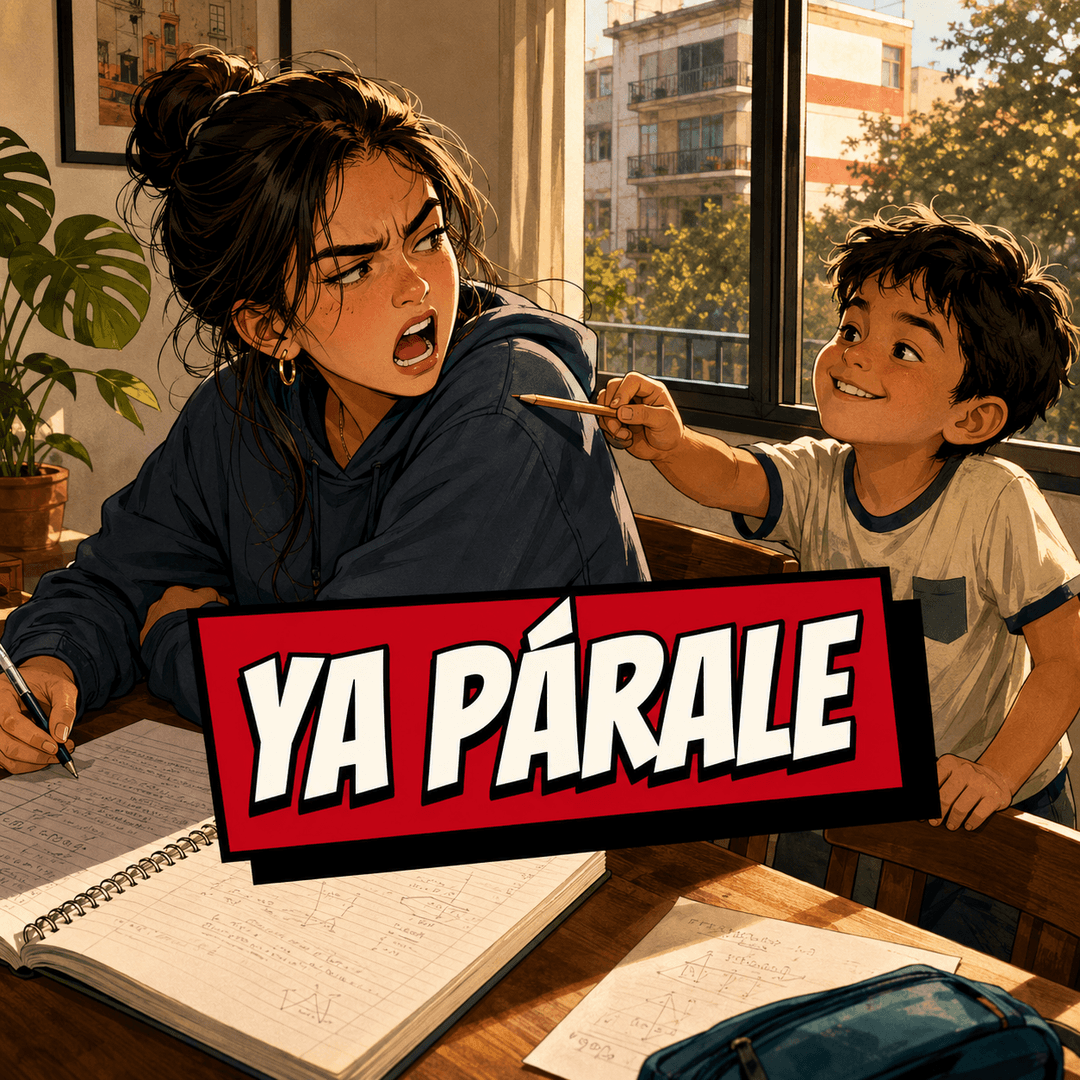 ya párale - a woman losing patience with a small boy waving a pencil at the homework table