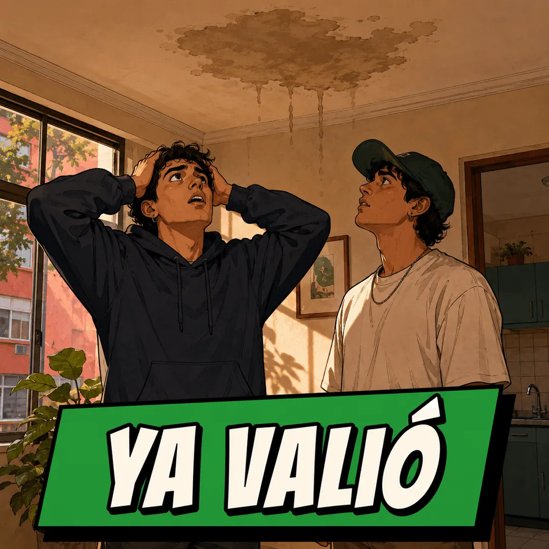 ya valió - two young men staring up at a spreading water stain on the ceiling